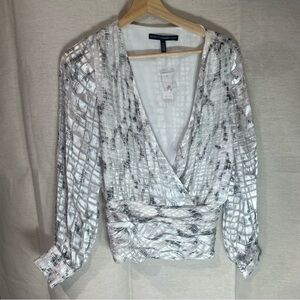 White House Black Market Textured Wrap Blouse - White and Gray